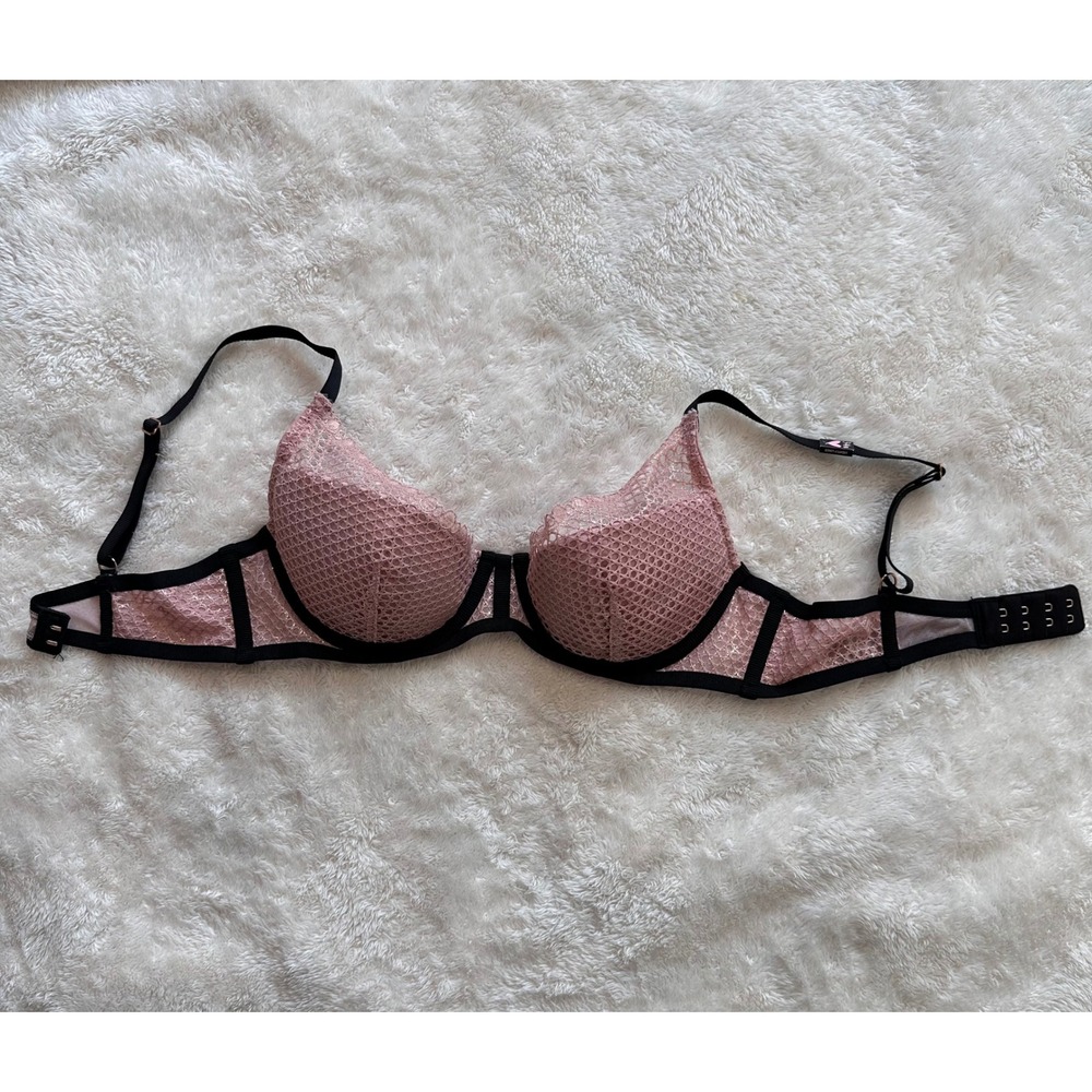 Victorias Secret Plunge Bra 34B Pink Black Lace Lightly Lined Underwire‎